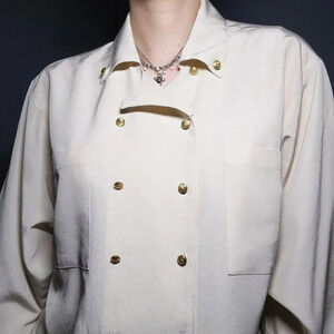 Vintage 70s pirate cream button-up shirt with pointy collar and gold buttons